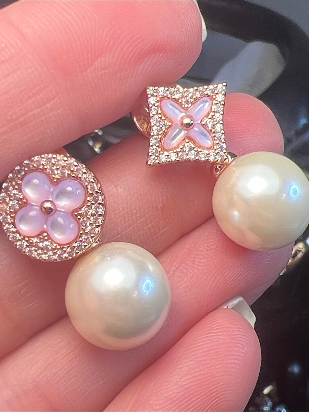 Pearl Drop Flower Stud Earrings in Pink and Gold